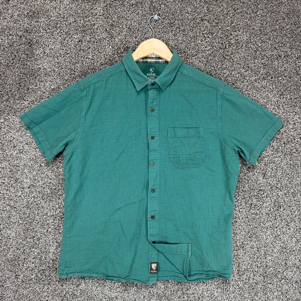 Kuhl Tropik Shirt Mens L Green Crinkled Organic Cotton Lightweight Wicking